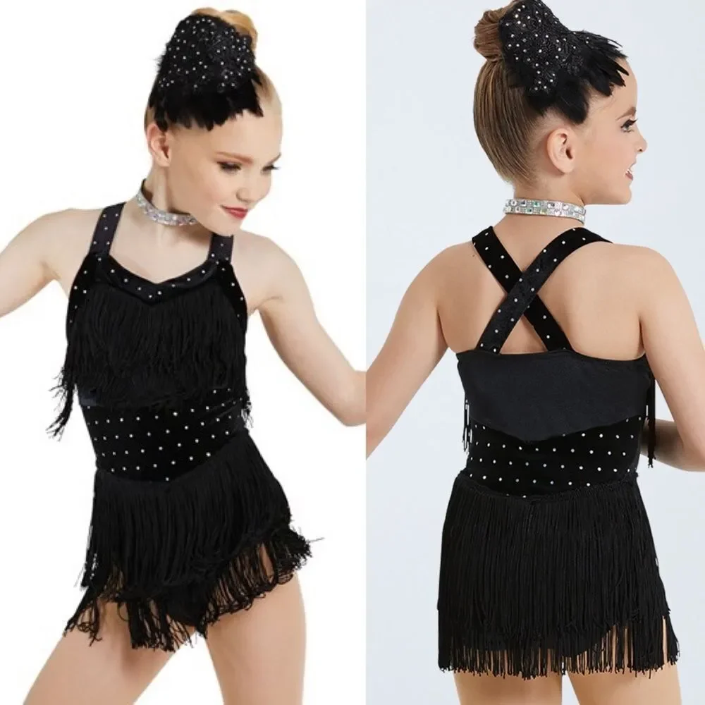 Weissman dance costume black velvet crystal fringe All That Jazz 11704 child LC
